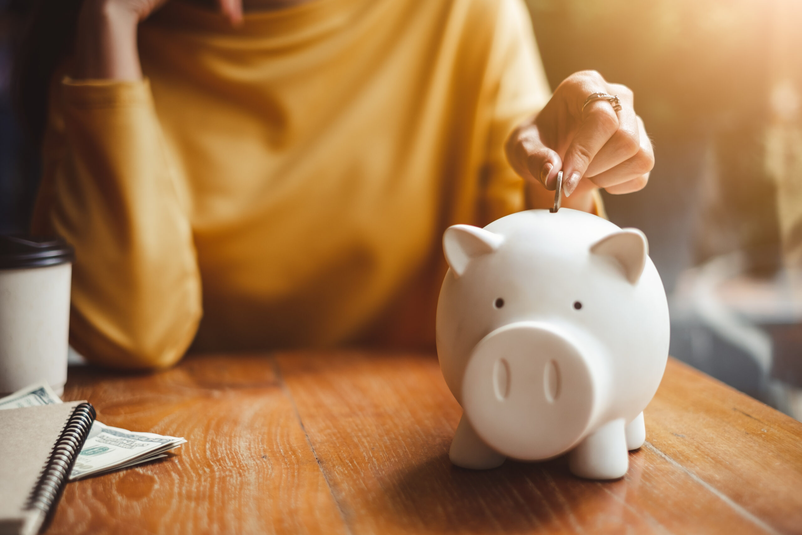 woman hand putting money coin into piggy for saving money wealth